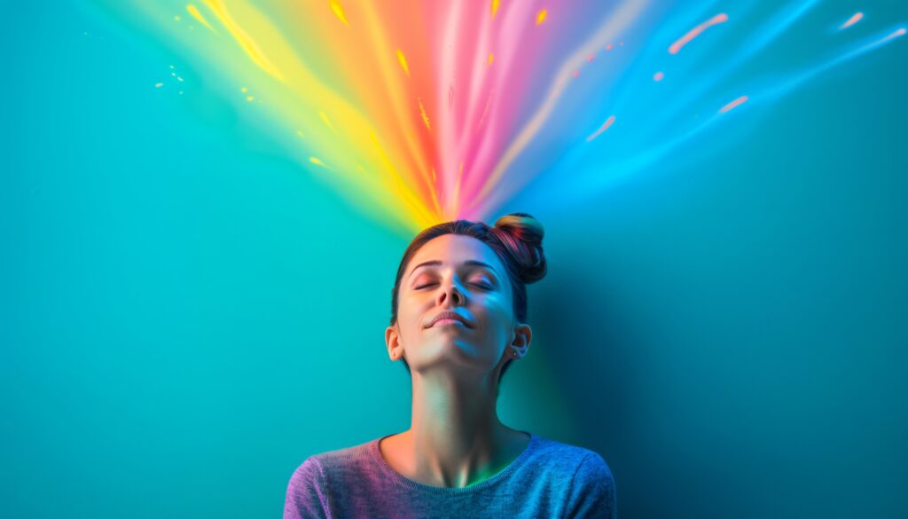 Una mujer con rayos de colores sobre ella