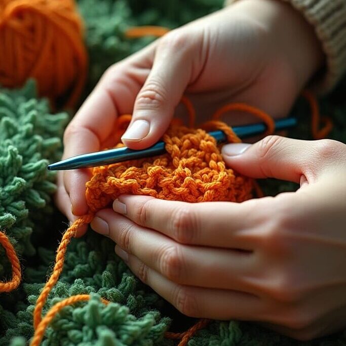 Dos manos sobre hilos de crochet