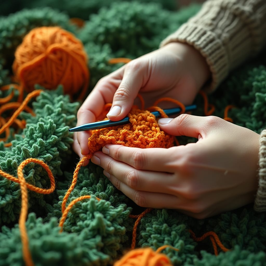 Dos manos sobre hilos de crochet